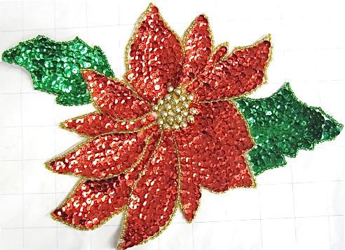 Poinsettia Red Flower with Gold Center, Sequin Beaded 7.5" X 10.5"