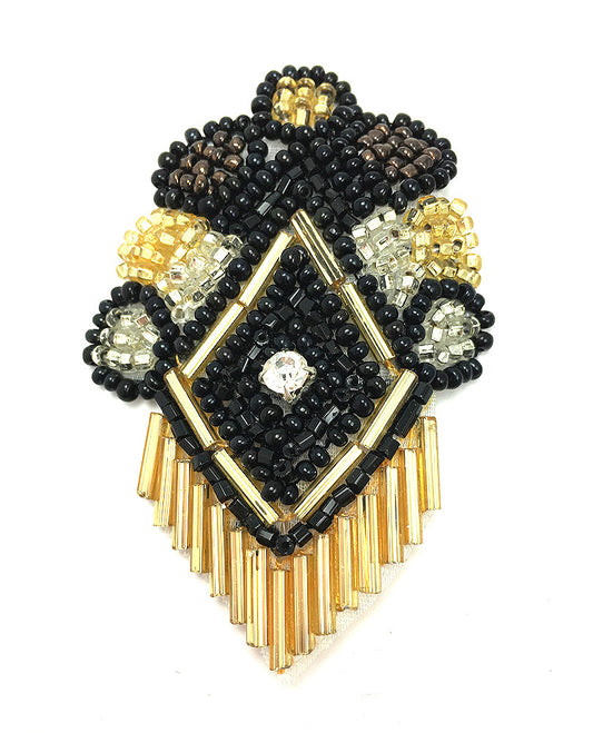 Designer Motif with Black, Silver, Gunmetal and Gold Beads and a Rhinestone Center 2.5" X 1.75"