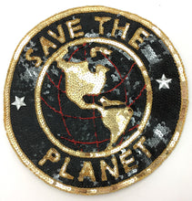 Load image into Gallery viewer, Save the Planet Black and Gold Sequin and Beaded Applique 11&quot;