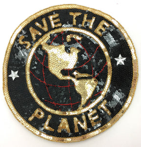 Save the Planet Black and Gold Sequin and Beaded Applique 11"