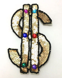 $ Dollar Sign, Gold with Black Beads 6" x 4"