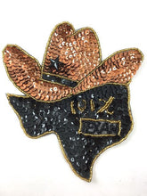 Load image into Gallery viewer, Cowboy Hat Sitting on Texas with Words, 101% Texan, Sequin Beaded 6.5&quot; x 6.5&quot;