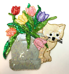 Cat with Tulip Vase, Multi-ColorSequins and Beads 9.5" x 9"