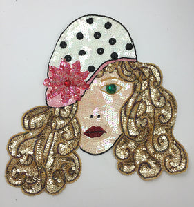 Fashion Diva Face with Polka Dot Hat, Multi-Color Sequins, Beads and Stones 12" x 11"
