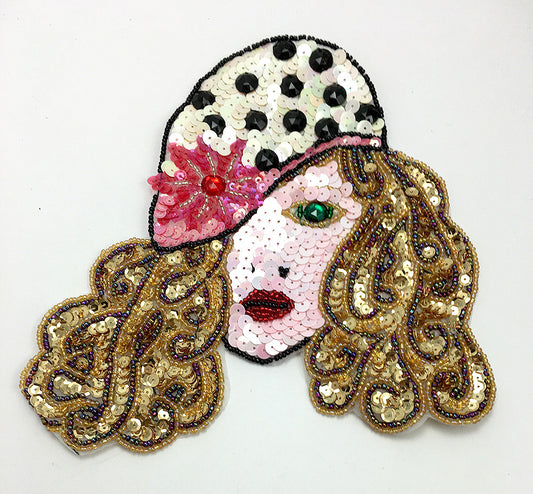 Lady Face Fashion Diva with Polka Dot Hat, MultiColored Sequin, Beads and Stones 8" x 7"