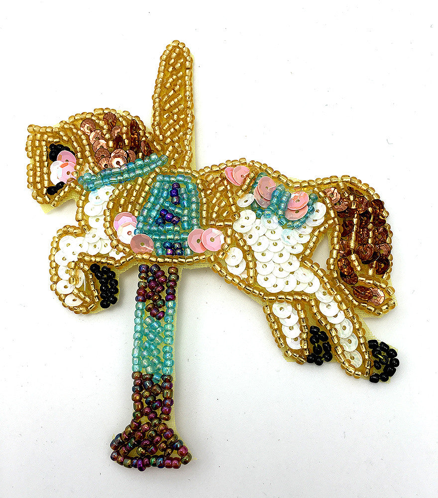 Carousel Horse Gold White Blue Bronze Beaded 5" x 4"