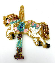 Load image into Gallery viewer, Carousel Horse Gold White Blue Bronze Beaded 5&quot; x 4&quot;