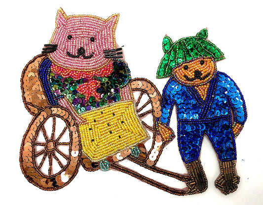 Dressed Up Elegant Cat in a Rickshaw with Driver in Multicolored Sequins and Beads 8" x 6.5"