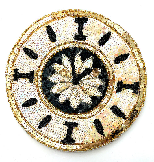Clock Appliqué with Black, Gold and Iridescent White Sequins and Black and Gold Beads 7.5"