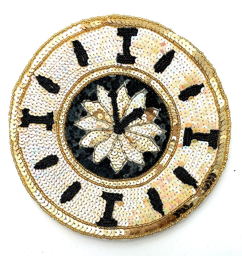 Clock, Black and Gold Sequin Beaded 7.5