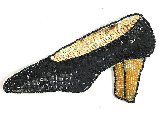 High Heel Shoe Appliqué  with Black and Gold Sequins and Beads 3.5" x 7.5"