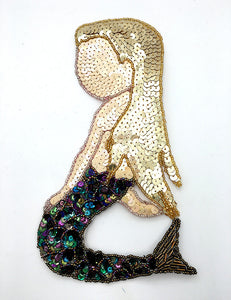 Mermaid with Gold Beige and Moonlight Sequins and Beads 9" X 5"