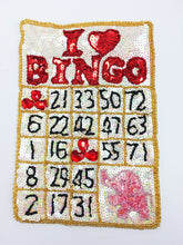 Load image into Gallery viewer, Bingo Card with Beige, Red ,Black Sequins, and Beads Pink Elephant 8&quot; x 6&quot;