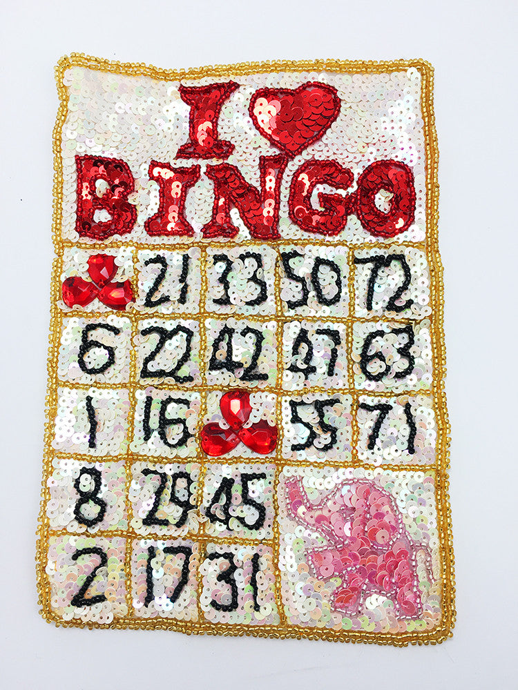 Bingo Card with Beige, Red ,Black Sequins, and Beads Pink Elephant 8