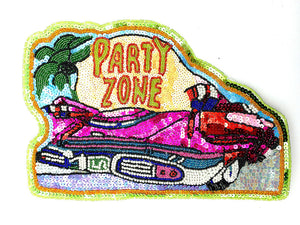 "Party Zone" Word over Car Multi-Colored Sequins and Beads 8" x 11"