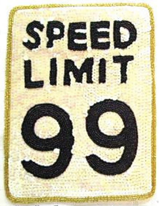 Appliqué with "Speed Limit 99" Road Sign - Off-white Sequins with Gold and Black Beads 10" x 7.5"