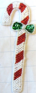 Candy Cane White and Red Beaded with Green Bow 6" x 2.5"