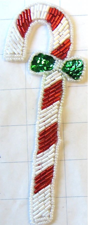 Candy Cane White and Red Beaded with Green Bow 6