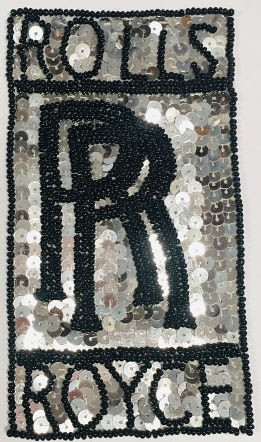 Rolls Royce Patch, Silver Sequins Black Beads 5.75" x 3.25"