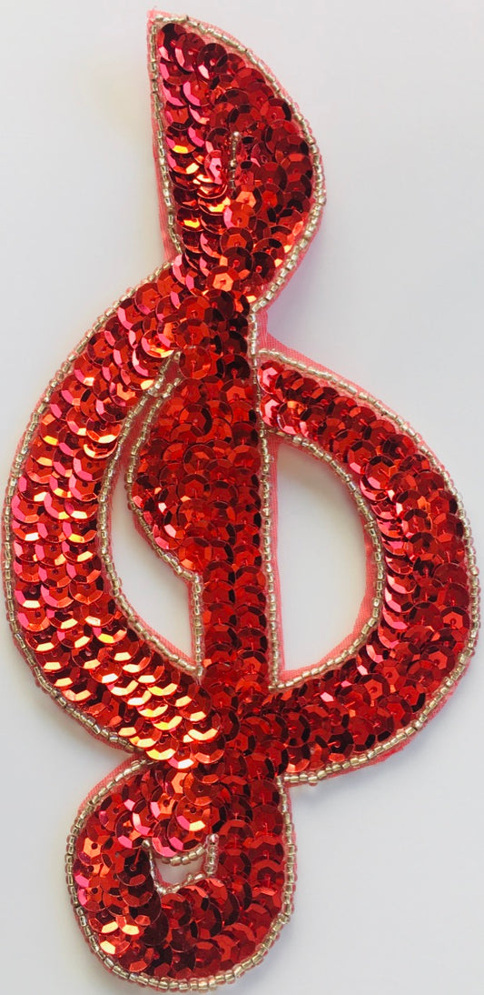 Treble Clef with Red Cupped Sequins and Silver beads 7.25" x 3.5"